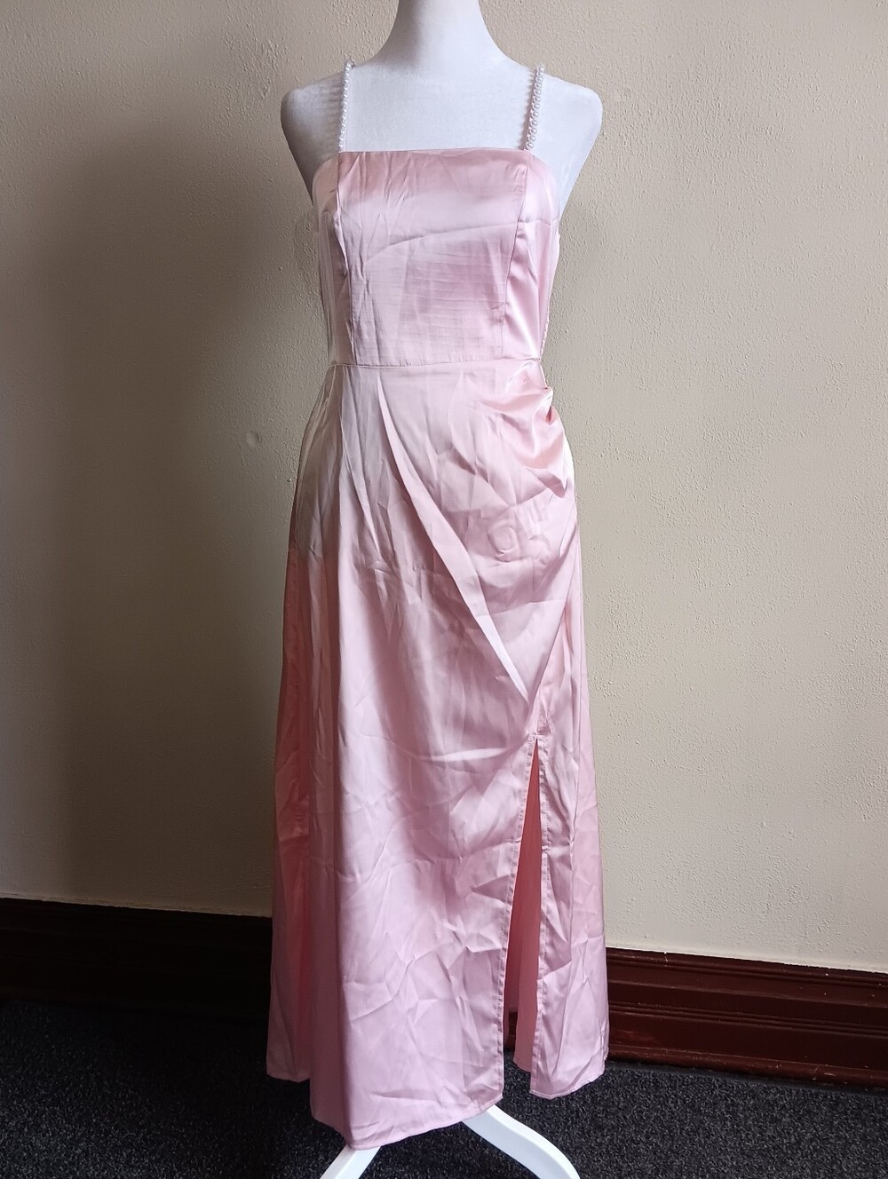 Pink Satin Square Neck Fairy Maxi Dress & Faux Pearl Straps Shein Small Slip On